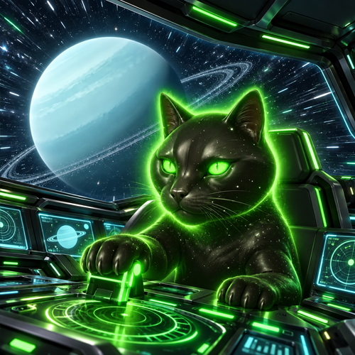 UranusCat piloting a neon green spaceship cockpit